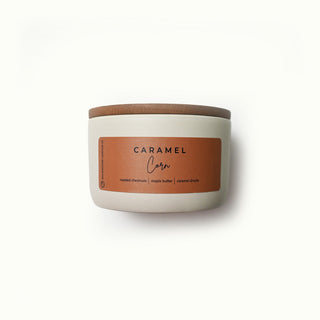 10 oz statement candle with a 'Caramel Corn' label on a white background