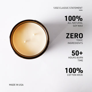 A 12oz soy wax candle in a dark brown glass jar, shown from a top-down view on a white background with product feature text on the right.