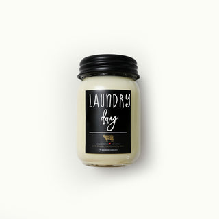 13 oz 'Laundry Day' mason jar candle with black lid and label on a white background