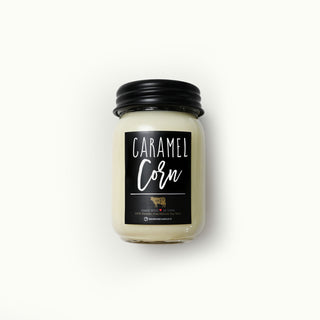 13 oz 'Caramel Corn' mason jar candle with black lid and label on a white background