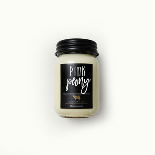 13 oz 'Pink Peony' mason jar candle with black lid and label on a white background