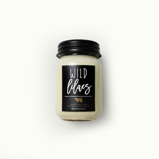 13 oz 'Wild Lilacs' mason jar candle with black lid and label on a white background
