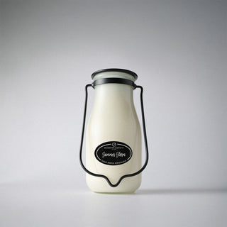 14 oz white milk bottle with black 'Summer Storm' label on a white background