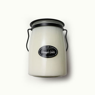 22 oz white glass candle jar with black lid and 'Pineapple Gelato' label on a white background