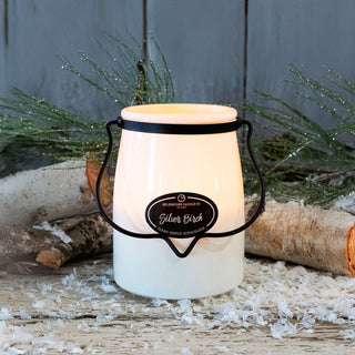 22 oz candle in a white jar with a black handle and 'Silver Birch' label, surrounded by natural elements