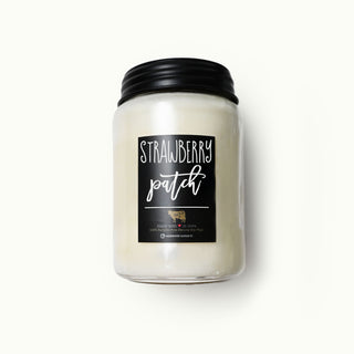 26 oz mason candle jar labeled 'Strawberry Patch' on a white background