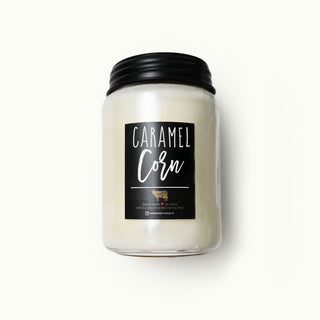 26 oz mason candle jar labeled 'Caramel Corn' on a white background