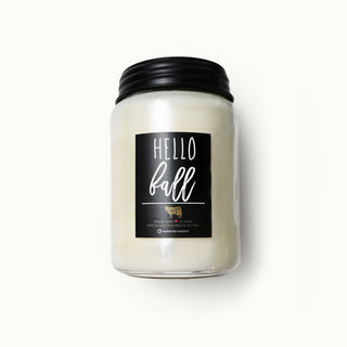 26 oz mason candle jar labeled 'Hello Fall' on a white background