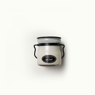 5 oz glass jar with black lid and 'Apple Strudel' label on a white background