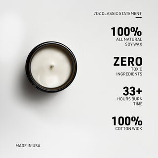 A 7oz soy candle in an amber round jar on a light gray background, with text highlighting key product features: 100% natural soy wax, zero toxic ingredients, 33+ hours burn time, and 100% cotton wick. 'Made in USA' is printed in the lower left.