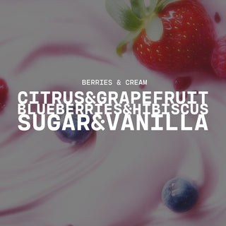 Text overlay on a berries & cream background with product name of Berries & Cream and description of citrus & grapefruit, blueberries & hibiscus and sugar & vanilla