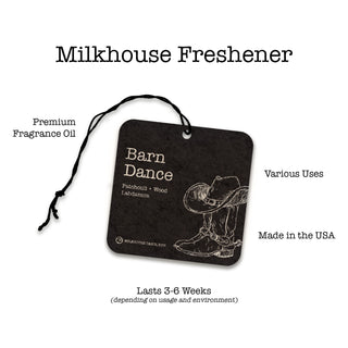 Milkhouse Freshener tag with cowboy boot design and text on a white background