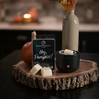 A packaged wax melt and two cream-colored wax cubes are displayed on a rustic wood slice next to a black electric wax warmer, with a small pumpkin and a tall vase in a softly blurred kitchen background.