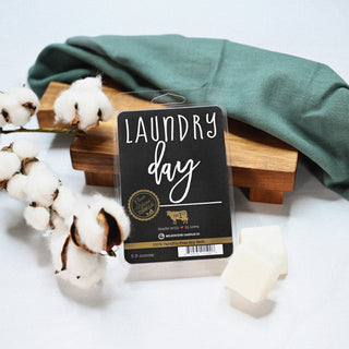 Laundry day wax melts with a green towel and cotton on a white background