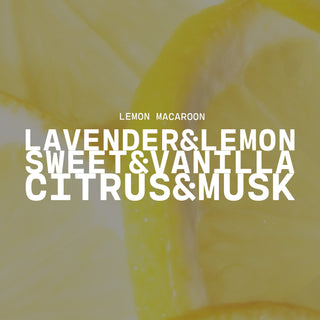 Text overlay on a lemon macaron with scents listed