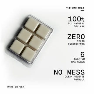 Package of six scented wax cubes with text highlighting natural ingredients and benefits on a white background.