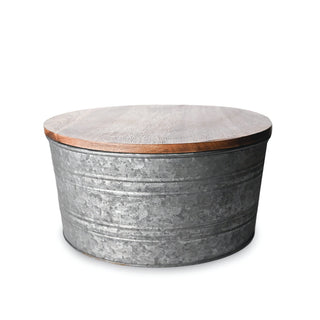 Round metal tub with wooden top on a white background