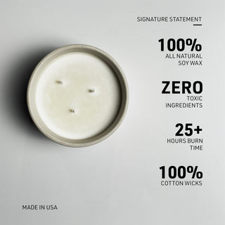 A top-down view of a round white soy wax candle in a light gray ceramic container, shown on a light gray background with black text highlighting product features such as 100% soy wax, zero toxic ingredients, 25+ hours burn time, and 100% cotton wicks.