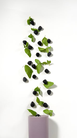 Blackberries and basil leaves pouring out of a lavender colored ceramic jar