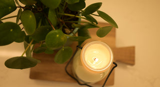 Candle with a black handle and a plant on a wooden board against a beige wall