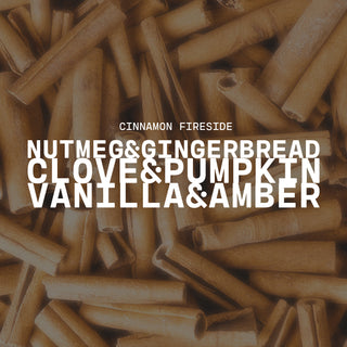 Text overlay on a cinnamon stick background with product name of Cinnamon Fireside and description of nutmeg & gingerbread, clove & pumpkin and vanilla & amber