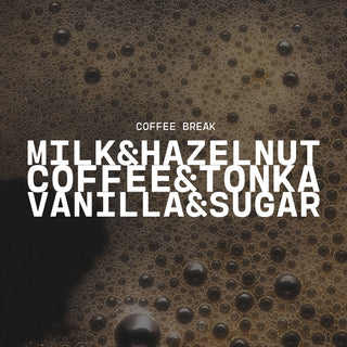Text overlay on a bubbly brown background with product name of Coffee Break and description of milk & hazelnut, coffee & tonka and vanilla & sugar