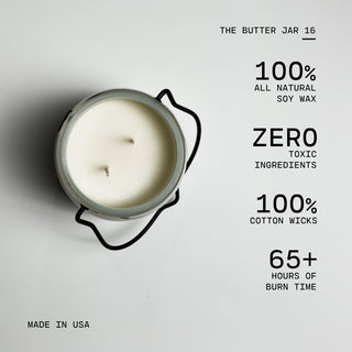 The 16 oz butter jar with text highlighting its features on a white background