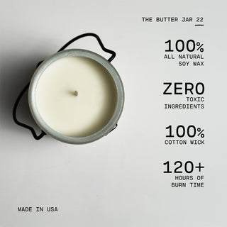 The 22 oz butter jar with text highlighting features on a white background