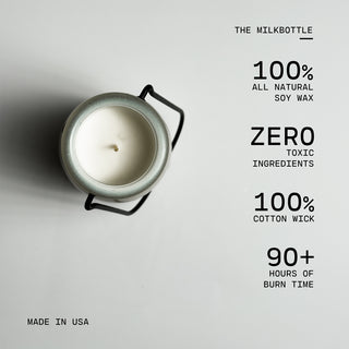 The milkbottle jar with text highlighting its features on a white background