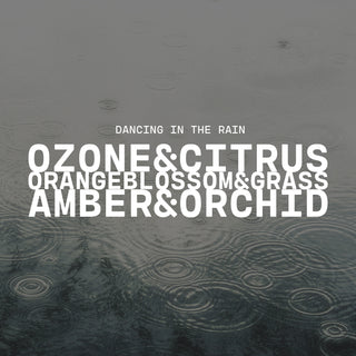Text overlay on a water surface with ripples, with a scent name of Dancing in the Rain, featuring notes of ozone & citrus, orange blossom & grass and amber & orchid