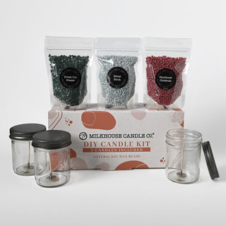 Milhouse Candle Co. DIY candle kit with jars and wax beads on a white background