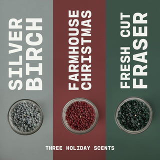 Three holiday scents labeled 'Silver Birch', 'Farmhouse Christmas', and 'Fresh Cut Fraser' with corresponding wax bead samples on a divided background