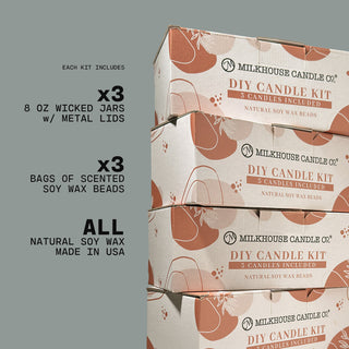 Milkhouse Candle Co. DIY Candle Kit packaging with kit contents listed on a gray background