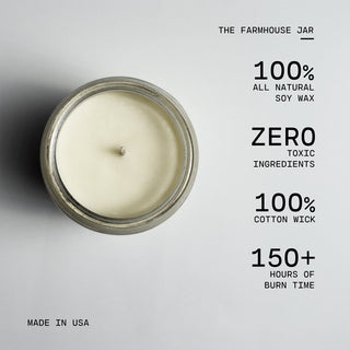 The farmhouse jar with text highlighting its features on a gray background