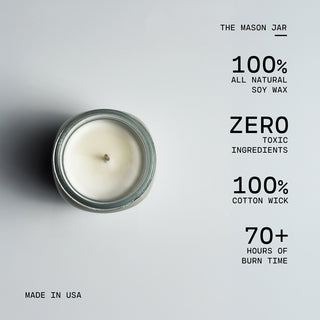 The mason jar with text highlighting its features on a white background