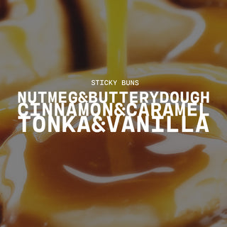 Sticky bun with caramel drizzle and text listing nutmeg, buttery dough, cinnamon & caramel, tonka & vanilla flavors