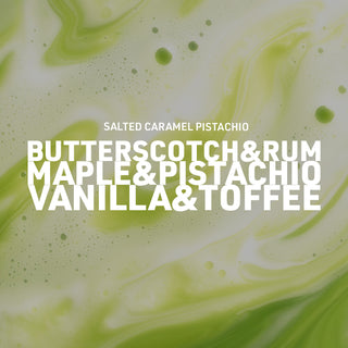 Text overlay on a green and white marbled background with flavor options.
