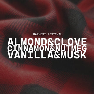 Text overlay on a red and black checkered fabric background with 'Harvest Festival' text and notes of almond & clove, cinnamon & nutmeg and vanilla & musk