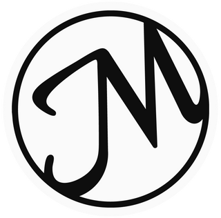 M logo in black writing on a white circle with a black outline on a white background