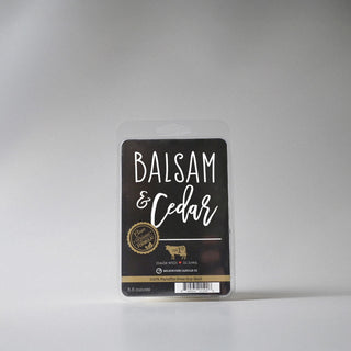 Milkhouse Candle Co. 'Balsam & Cedar' wax melt package on a white background