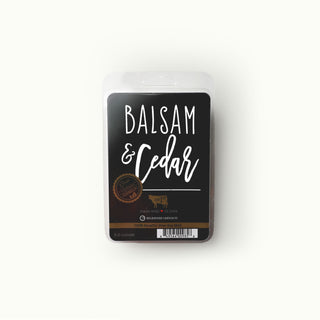 Milkhouse Candle Co. 'Balsam & Cedar' wax melt package on a white background