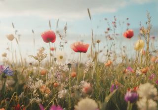 Field of wildflowers with a focus on red poppies under a blue sky