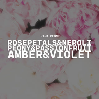 Pink peony flower background with text overlay of 'Pink Peony' and scent notes of rose petals & neroli, peony & passion fruit and amber & violet