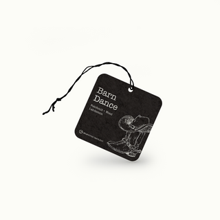 Black air freshener with 'Barn Dance' scent and cowboy boot illustration on a white background
