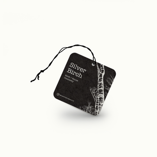 Black air freshener tag with 'Silver Birch' text on a white background