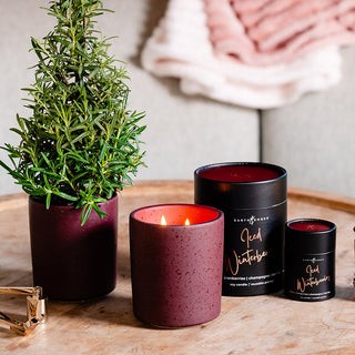 Lit Earth & Ember 'Iced Winterberries' candle with holders behind, greenery in a decorative container against a blurred indoor background