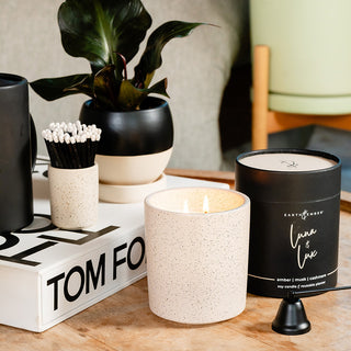 Lit Earth & Ember 'Luna & Lux' candle with holder, matches in ceramic container and snuffer