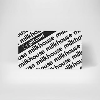 A gift card from Milkhouse, predominantly white with black text and branding