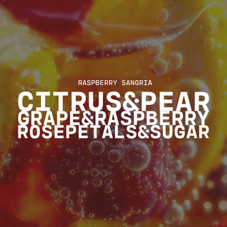 Close-up of raspberry sangria with fruits and bubbles,  with a text overlay of citrus & pear, grape & raspberry and rose petals & sugar
