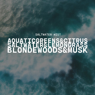 Saltwater Mist with a text overlay on an image of ocean waves with a product description of aquatic greens & citrus, saltwater & lemongrass, and blondewoods & musk
